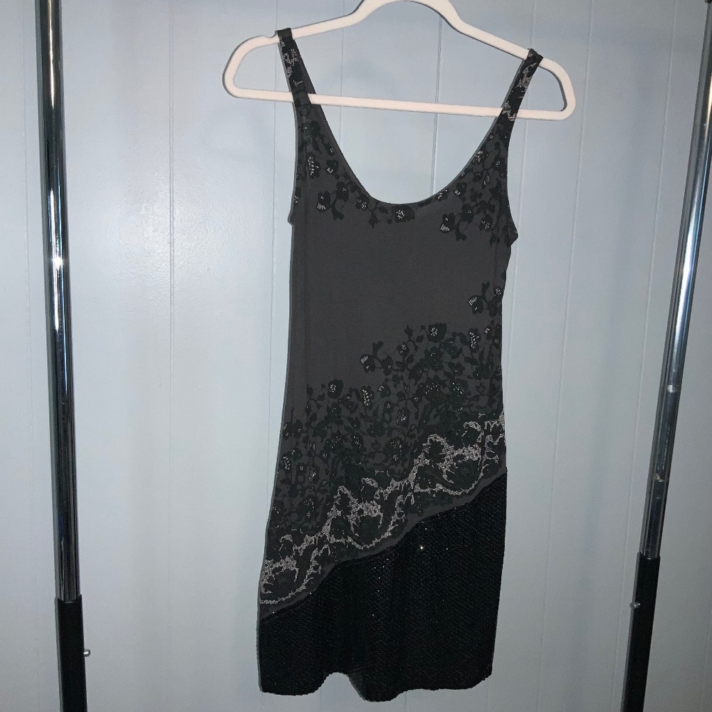 Express dreamweight cotton tank mini dress Sz XS sequined hem grey black floral